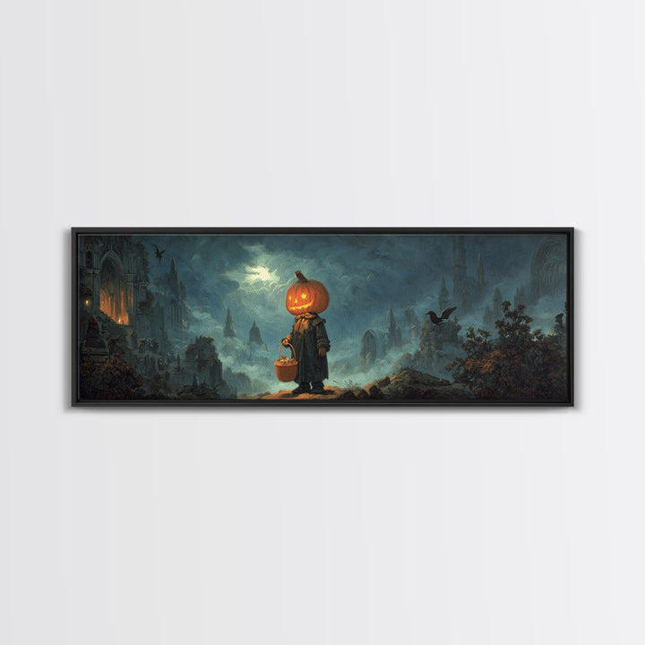 The Pumpkin-Headed Child, Apocalyptic Romantic Art, Extra Wide Wall Art, Gothic Horror Wall Art, Canvas Print, Halloween Wall Art