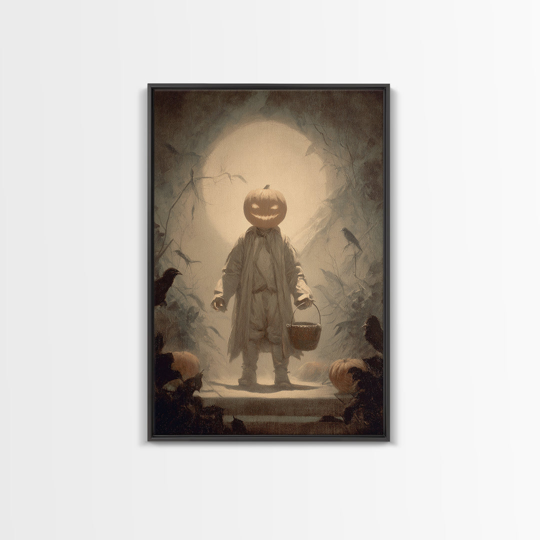 The Pumpkin-Headed Child, Symbolist Dream Art, Vertical Wall Art, Dark Fantasy Wall Art, Framed Canvas Print, Halloween Wall Art