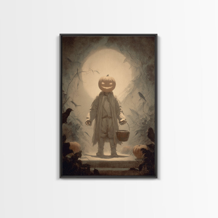 The Pumpkin-Headed Child, Symbolist Dream Art, Vertical Wall Art, Dark Fantasy Wall Art, Framed Canvas Print, Halloween Wall Art