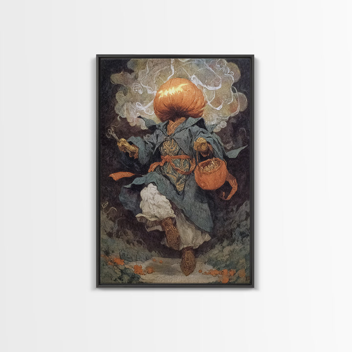The Pumpkin-Headed Child, Ornate Symbolist Art, Vertical Wall Art, Dark Halloween Decor, Framed Canvas Print, Halloween Wall Art