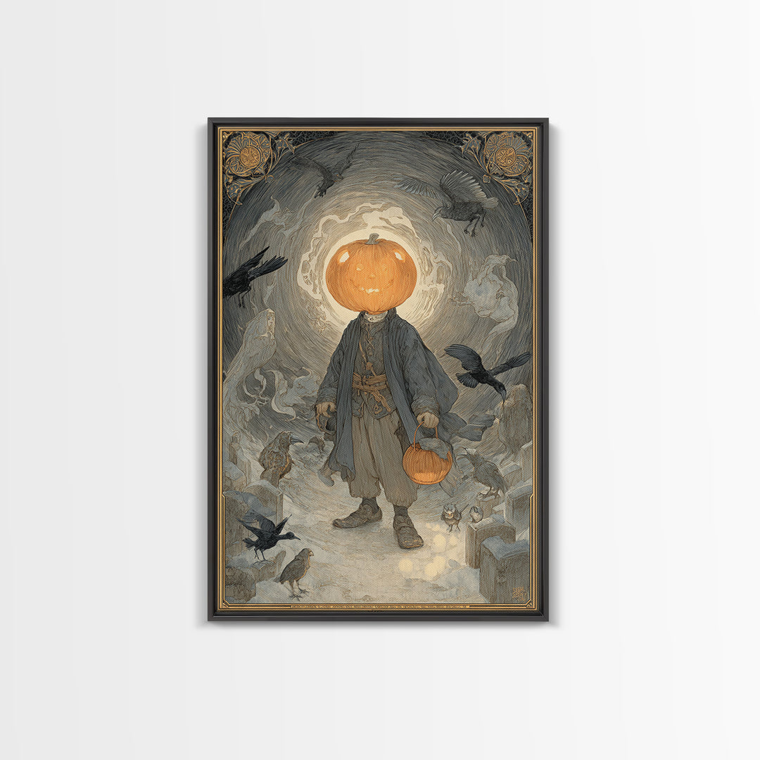 The Pumpkin-Headed Child, Symbolist Death Art, Vertical Wall Art, Dark Fantasy Wall Art, Framed Canvas Print, Halloween Wall Art