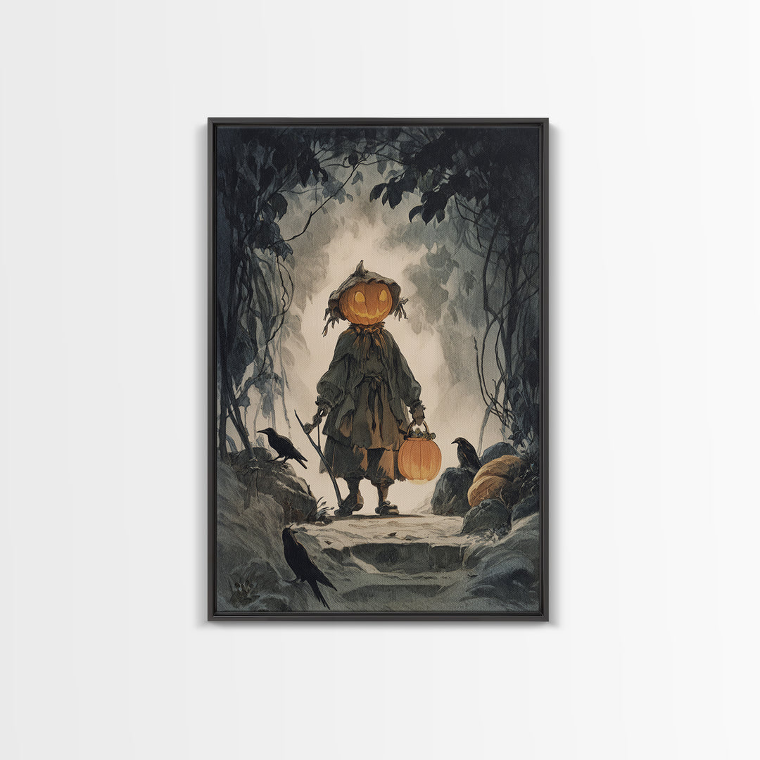 The Pumpkin-Headed Child, Symbolist Etching Art, Vertical Wall Art, Gothic Horror Wall Art, Canvas Print, Halloween Wall Art