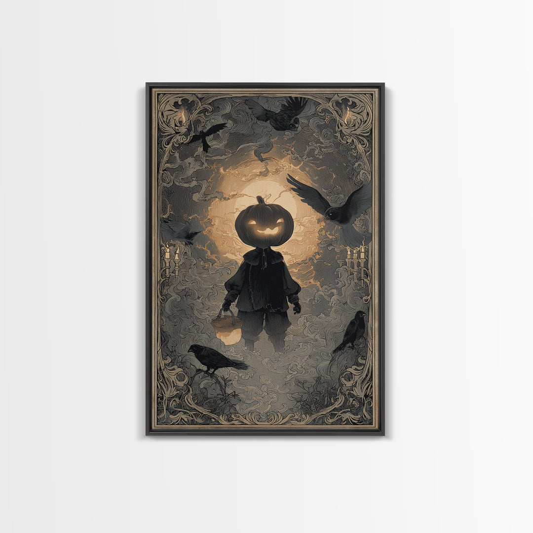 The Pumpkin-Headed Child, Decadent Line Art, Vertical Wall Art, Dark Halloween Decor, Canvas Print, Halloween Wall Art