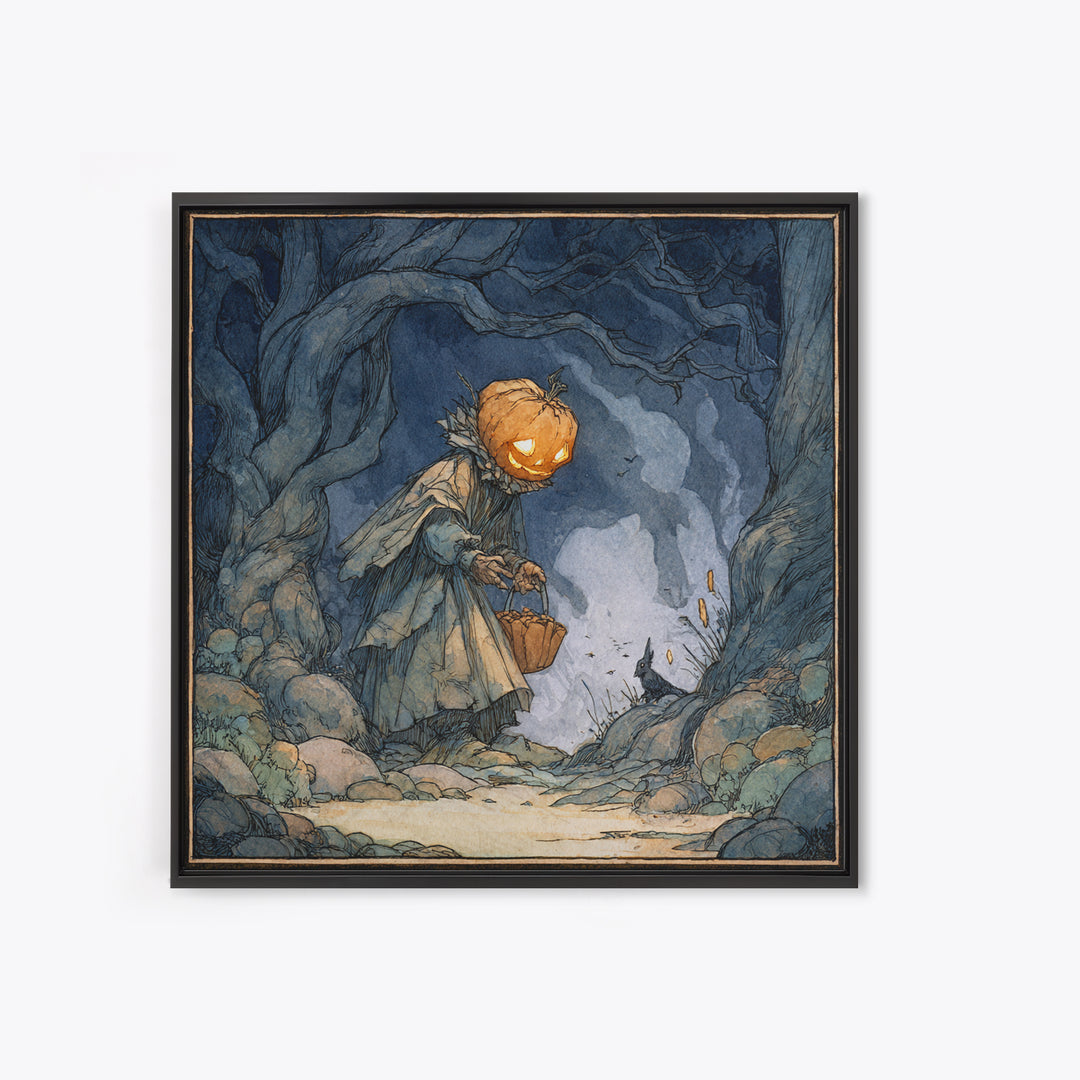 The Pumpkin-Headed Child, Gothic Storybook Art, Square Wall Art, Dark Fantasy Wall Art, Framed Canvas Print, Halloween Wall Art