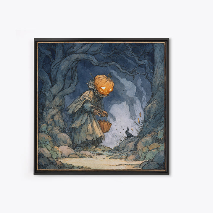 The Pumpkin-Headed Child, Gothic Storybook Art, Square Wall Art, Dark Fantasy Wall Art, Framed Canvas Print, Halloween Wall Art