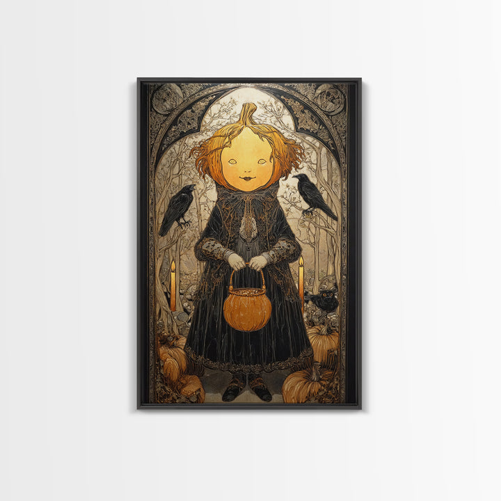 The Pumpkin-Headed Child, Stained Glass Gothic Art, Vertical Wall Art, Dark Fantasy Wall Art, Framed Canvas Print, Halloween Wall Art
