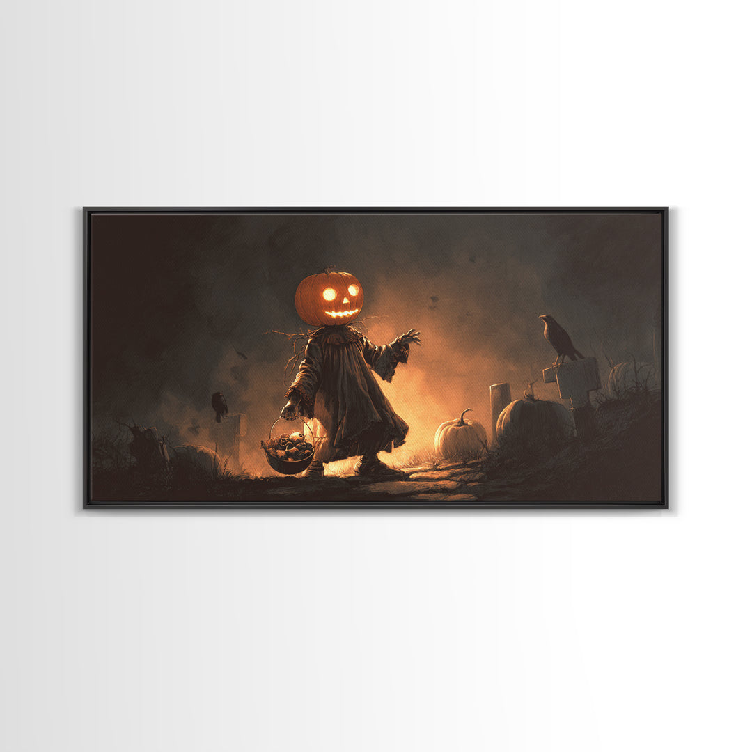 The Pumpkin-Headed Child, Macabre Folk Print Art, Wide Panoramic Art, Dark Halloween Decor, Canvas Print, Halloween Wall Art