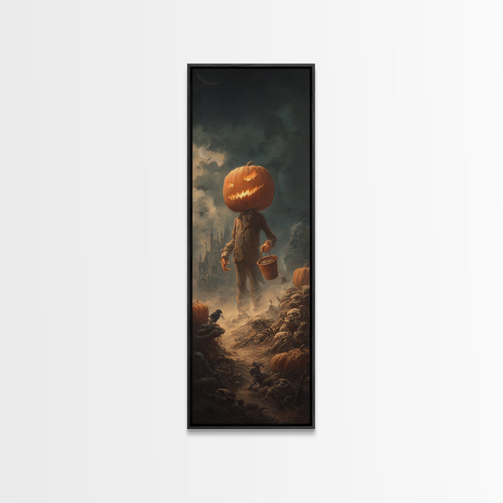 The Pumpkin-Headed Child, Surreal Apocalyptic Art, Tall Narrow Wall Art, Dark Fantasy Wall Art, Framed Canvas Print