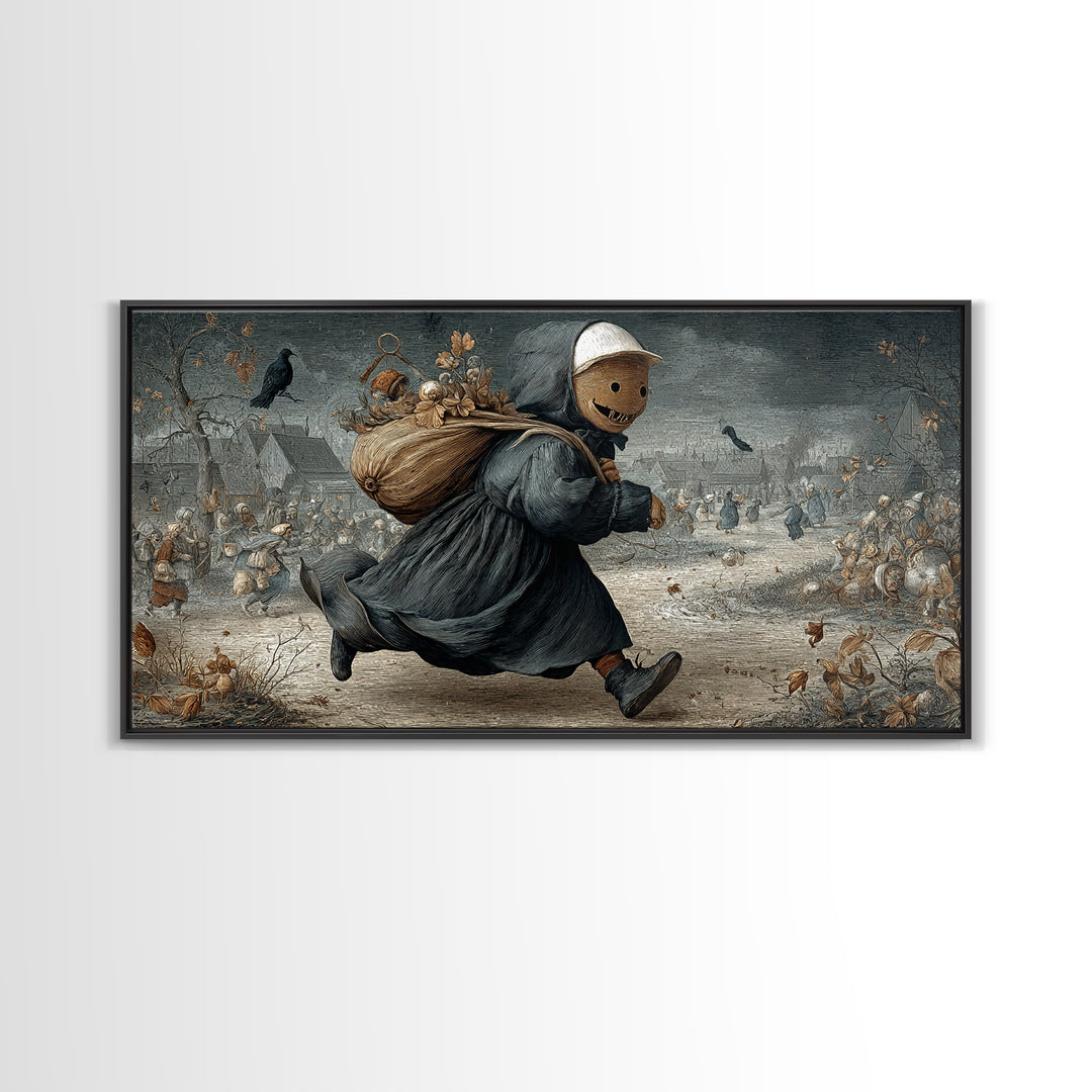 The Masked Candy Collector, Northern Renaissance Horror, Wide Panoramic Art, Gothic Horror Wall Art, Framed Canvas Print