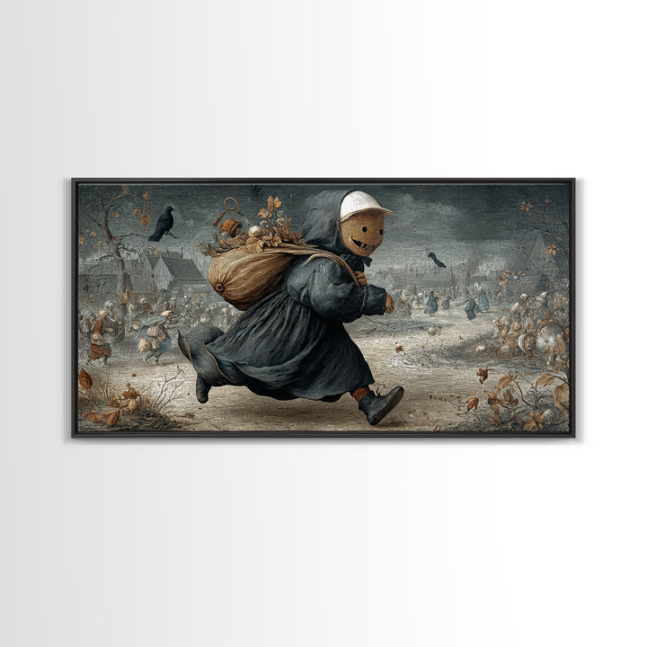 The Masked Candy Collector, Northern Renaissance Horror, Wide Panoramic Art, Gothic Horror Wall Art, Framed Canvas Print
