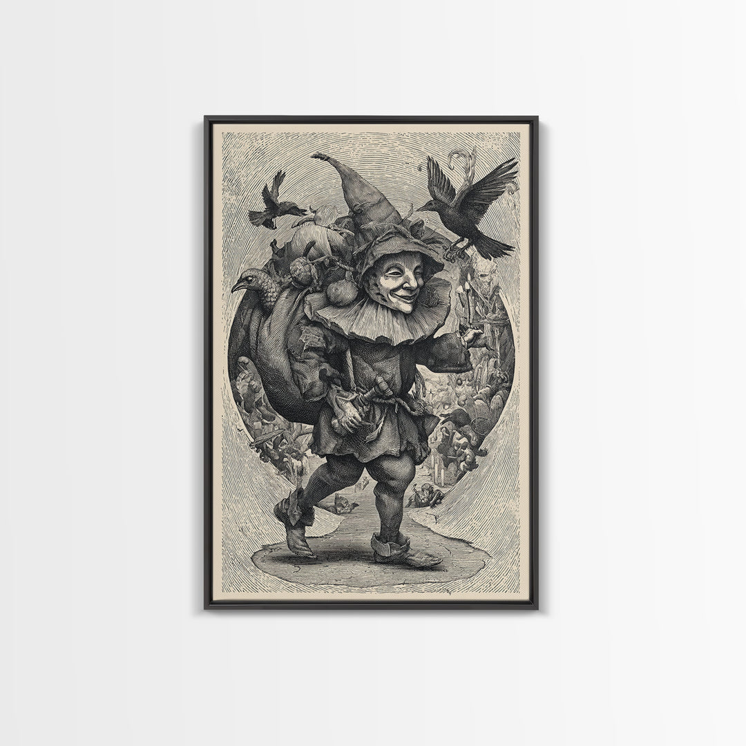 The Masked Candy Collector, Renaissance Engraving Art, Vertical Wall Art, Gothic Horror Wall Art, Framed Canvas Print, Halloween Wall Art