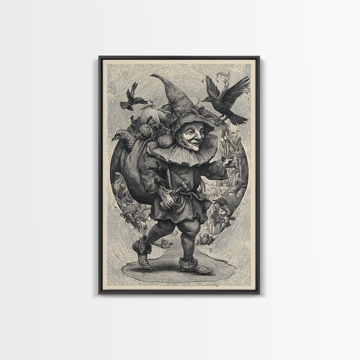 The Masked Candy Collector, Renaissance Engraving Art, Vertical Wall Art, Gothic Horror Wall Art, Framed Canvas Print, Halloween Wall Art