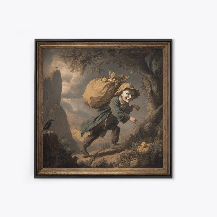 The Masked Candy Collector, Baroque Witchcraft Art, Square Wall Art, Dark Halloween Decor, Framed Canvas Print, Halloween Wall Art