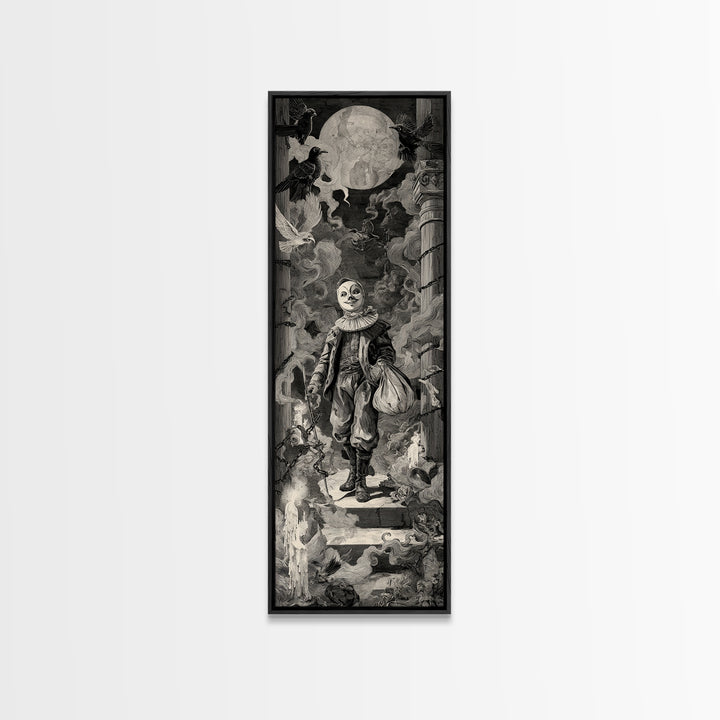 The Masked Candy Collector, Architectural Etching Art, Tall Narrow Wall Art, Dark Halloween Decor, Canvas Print