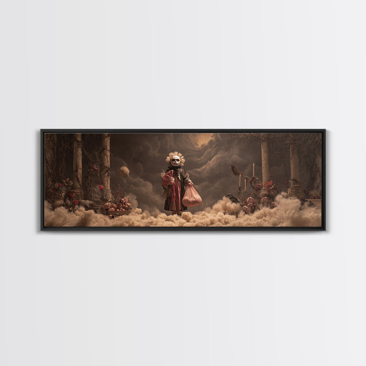 The Masked Candy Collector, Apocalyptic Romantic Art, Extra Wide Wall Art, Gothic Horror Wall Art, Framed Canvas Print, Halloween Wall Art