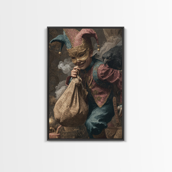The Masked Candy Collector, Ornate Symbolist Art, Vertical Wall Art, Dark Fantasy Wall Art, Framed Canvas Print, Halloween Wall Art