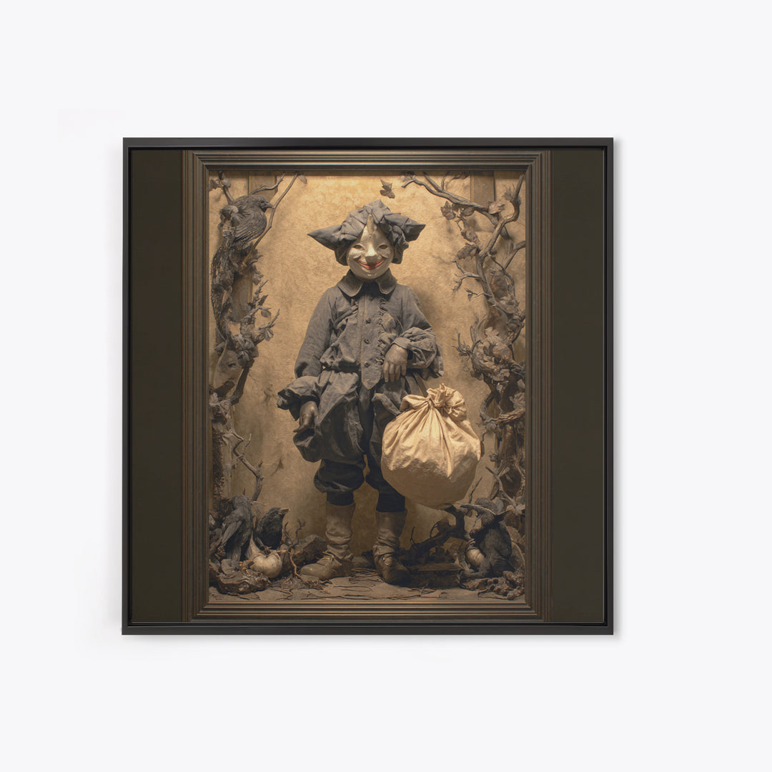 The Masked Candy Collector, Dark Symbolist Art, Square Wall Art, Dark Halloween Decor, Canvas Print, Halloween Wall Art