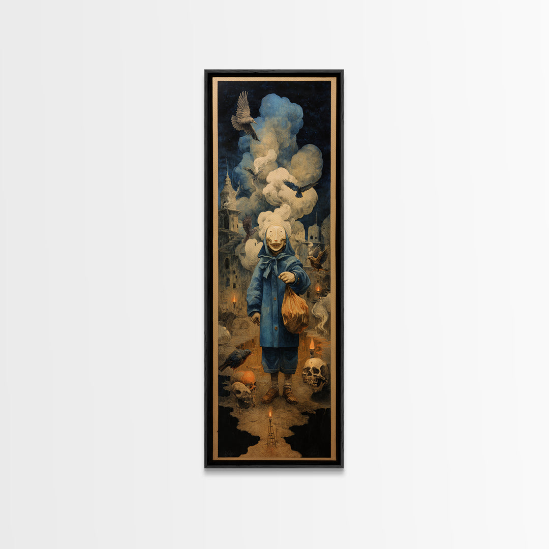 The Masked Candy Collector, Surreal Apocalyptic Art, Tall Narrow Wall Art, Macabre Wall Art, Canvas Print, Halloween Wall Art
