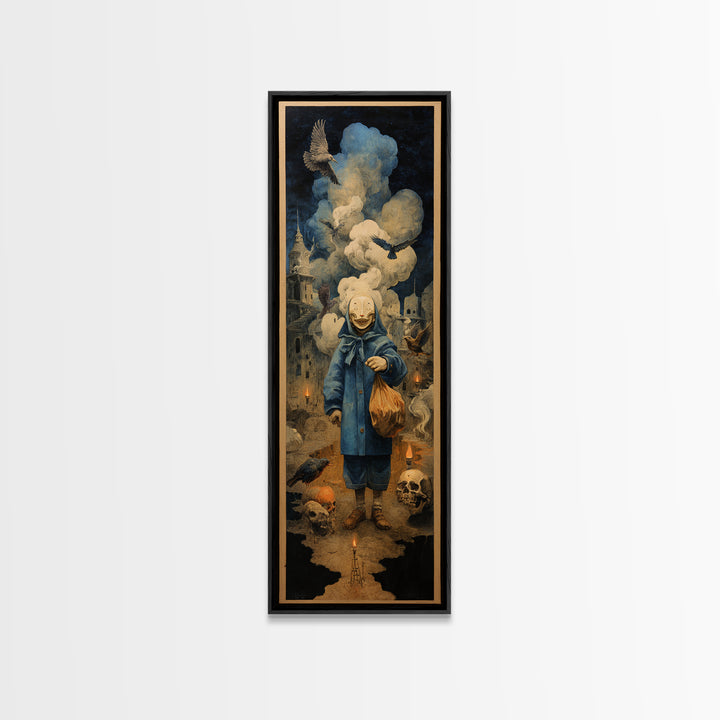 The Masked Candy Collector, Surreal Apocalyptic Art, Tall Narrow Wall Art, Macabre Wall Art, Canvas Print, Halloween Wall Art