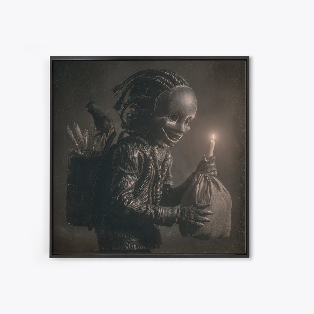The Masked Candy Collector, Biomechanical Horror Art, Square Wall Art, Dark Halloween Decor, Framed Canvas Print, Halloween Wall Art