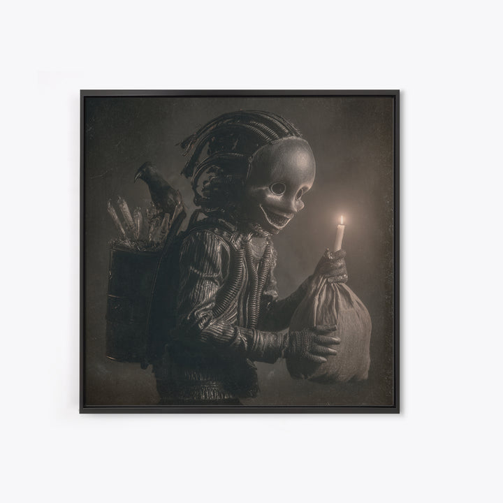 The Masked Candy Collector, Biomechanical Horror Art, Square Wall Art, Dark Halloween Decor, Framed Canvas Print, Halloween Wall Art