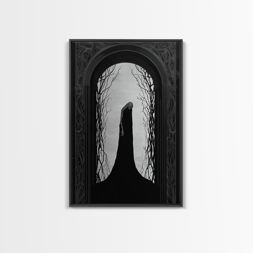 The Shadow Person, Decadent Line Art, Vertical Wall Art, Dark Halloween Decor, Framed Canvas Print, Halloween Wall Art