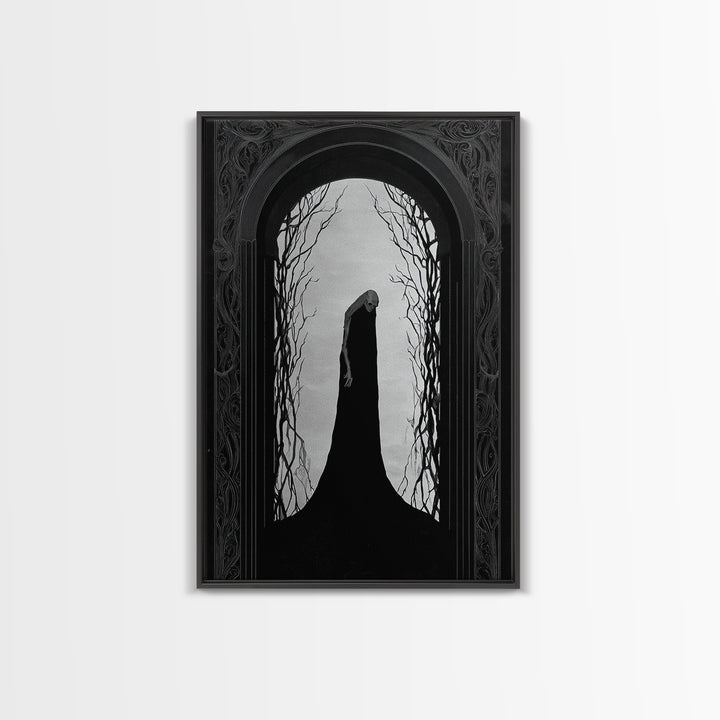 The Shadow Person, Decadent Line Art, Vertical Wall Art, Dark Halloween Decor, Framed Canvas Print, Halloween Wall Art