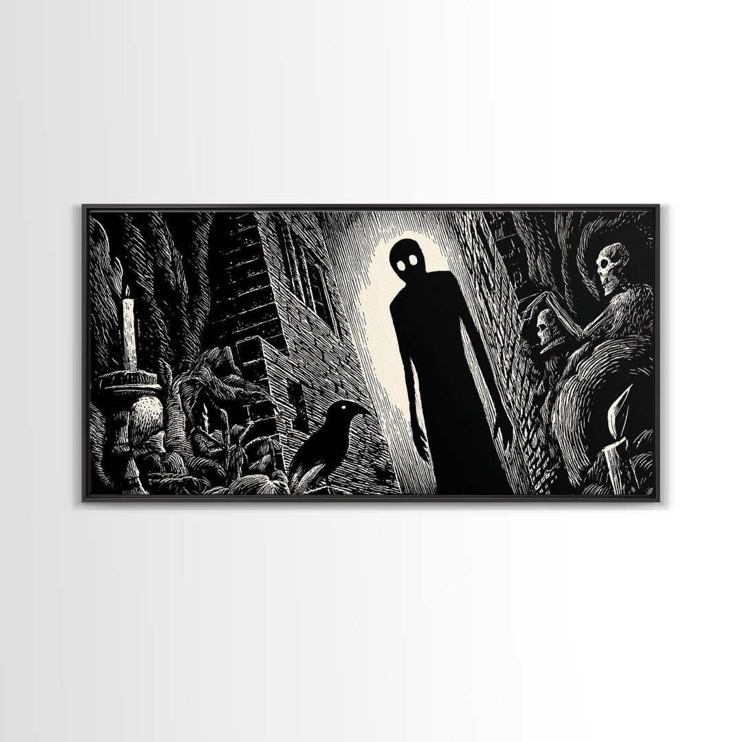 The Shadow Person, Macabre Folk Print Art, Wide Panoramic Art, Dark Halloween Decor, Canvas Print, Halloween Wall Art