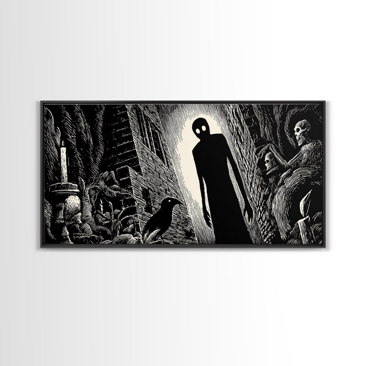The Shadow Person, Macabre Folk Print Art, Wide Panoramic Art, Dark Halloween Decor, Canvas Print, Halloween Wall Art