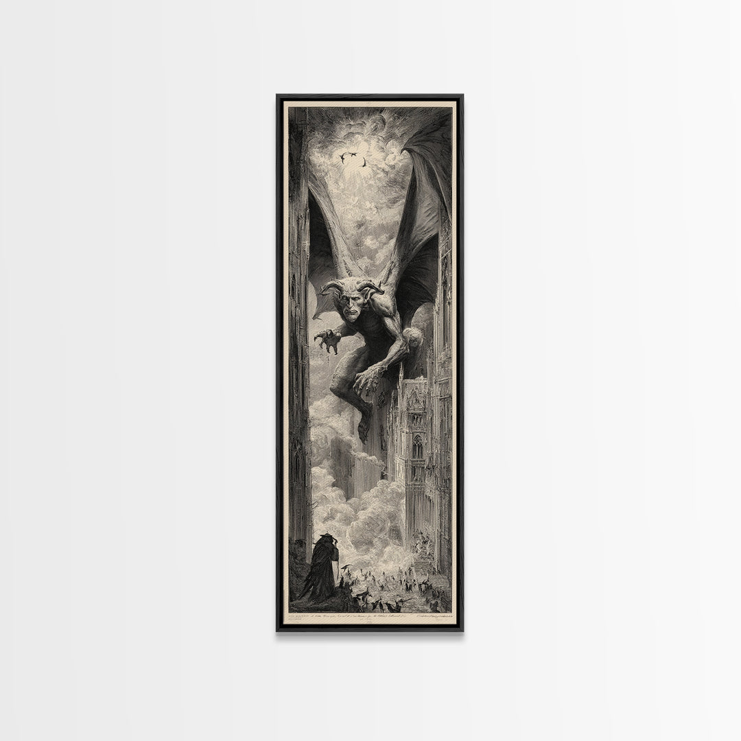The Gargoyle Sentinel, Gothic Engraving Art, Tall Narrow Wall Art, Gothic Horror Wall Art, Framed Canvas Print, Halloween Wall Art