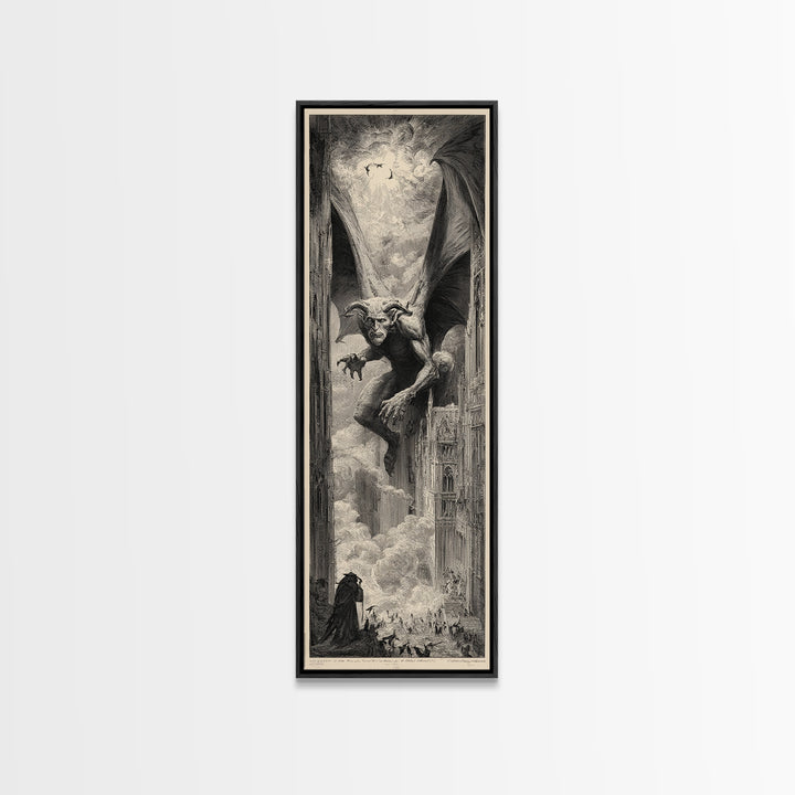 The Gargoyle Sentinel, Gothic Engraving Art, Tall Narrow Wall Art, Gothic Horror Wall Art, Framed Canvas Print, Halloween Wall Art