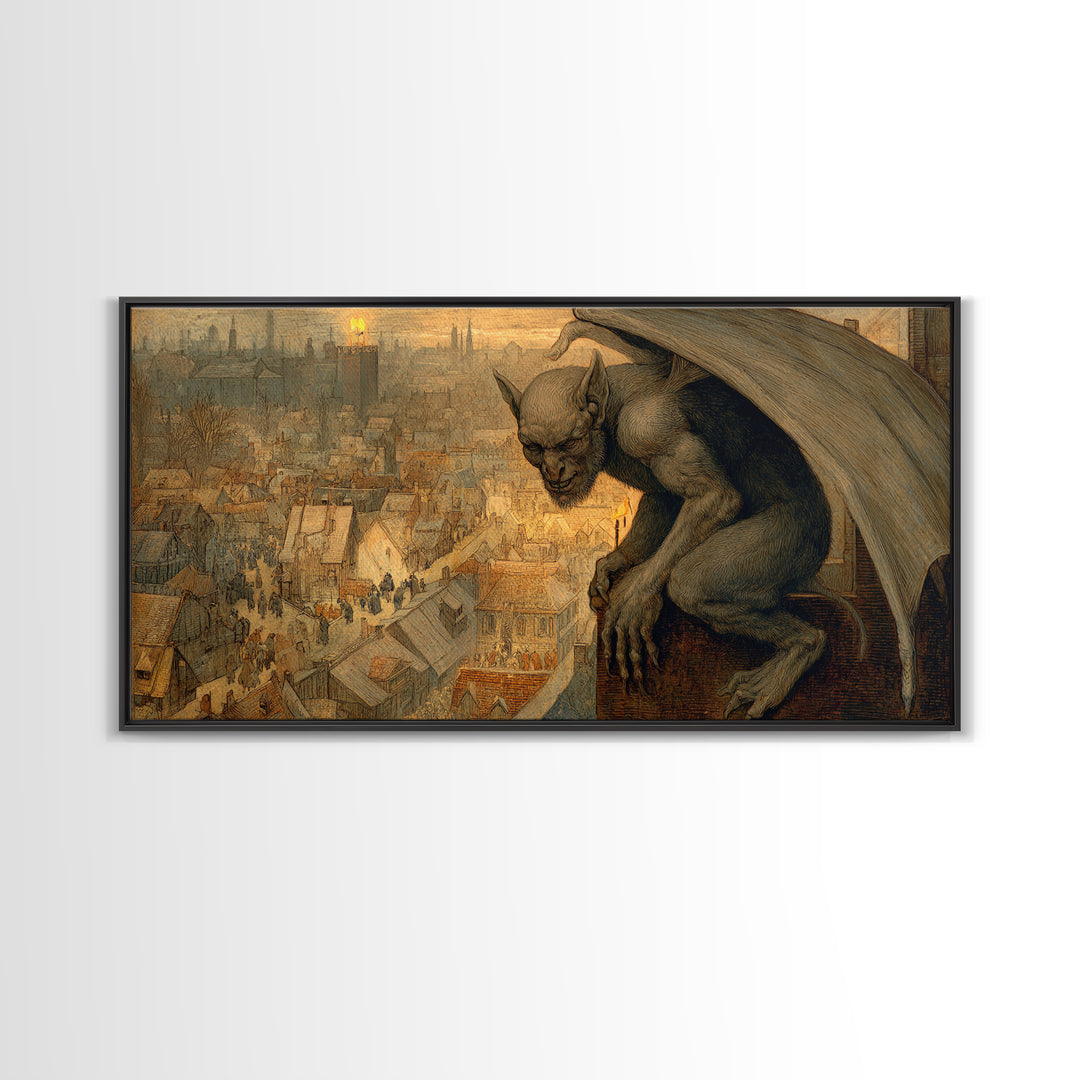 The Gargoyle Sentinel, Northern Renaissance Horror, Wide Panoramic Art, Gothic Horror Wall Art, Canvas Print, Halloween Wall Art