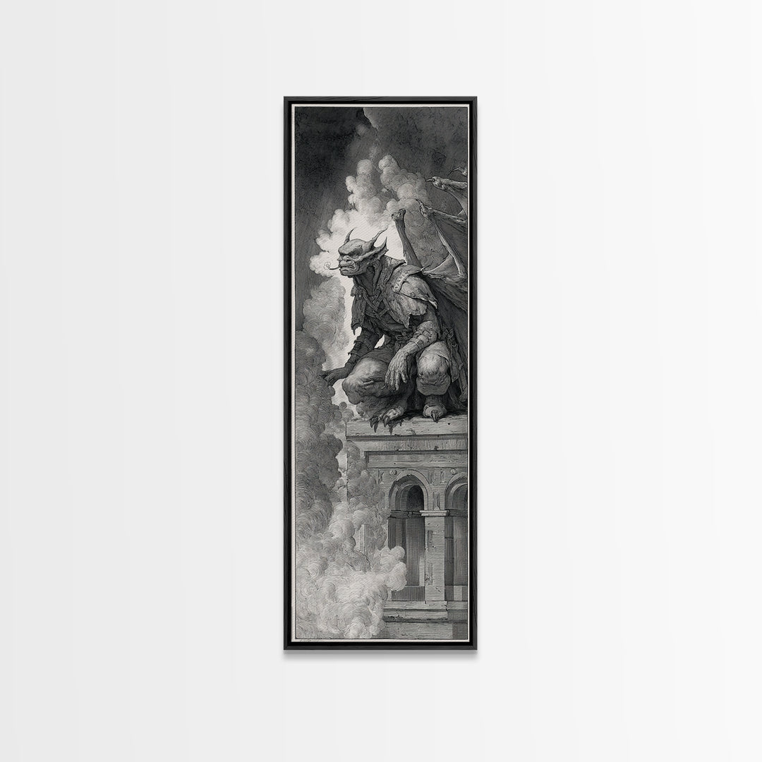 The Gargoyle Sentinel, Renaissance Engraving Art, Tall Narrow Wall Art, Dark Fantasy Wall Art, Canvas Print, Halloween Wall Art