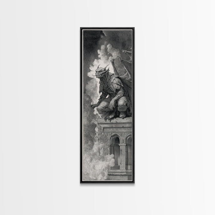 The Gargoyle Sentinel, Renaissance Engraving Art, Tall Narrow Wall Art, Dark Fantasy Wall Art, Canvas Print, Halloween Wall Art