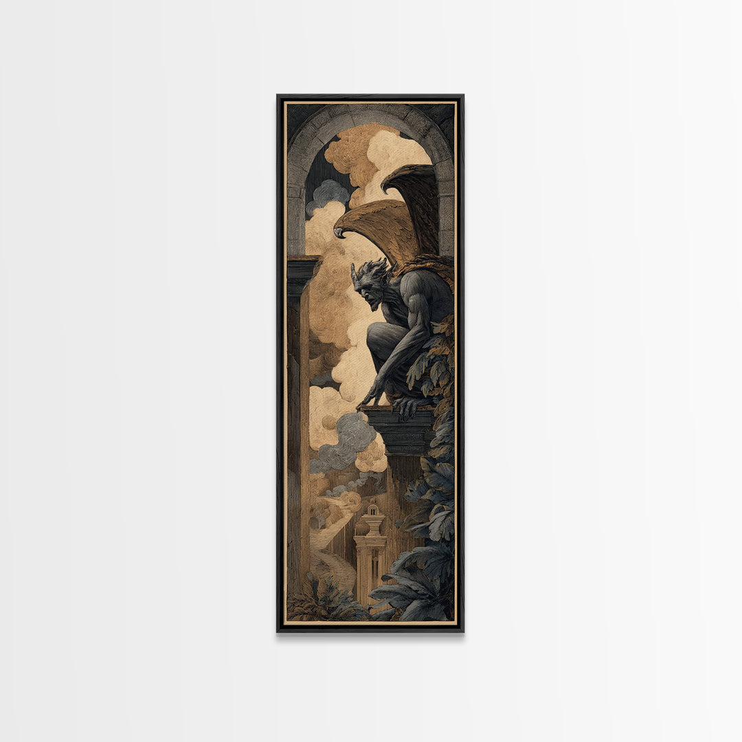 The Gargoyle Sentinel, Visionary Gothic Art, Tall Narrow Wall Art, Gothic Horror Wall Art, Canvas Print, Halloween Wall Art