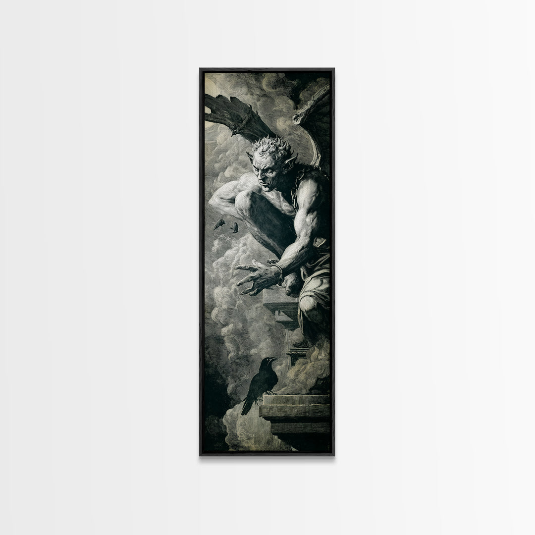 The Gargoyle Sentinel, Architectural Etching Art, Tall Narrow Wall Art, Dark Halloween Decor, Canvas Print, Halloween Wall Art