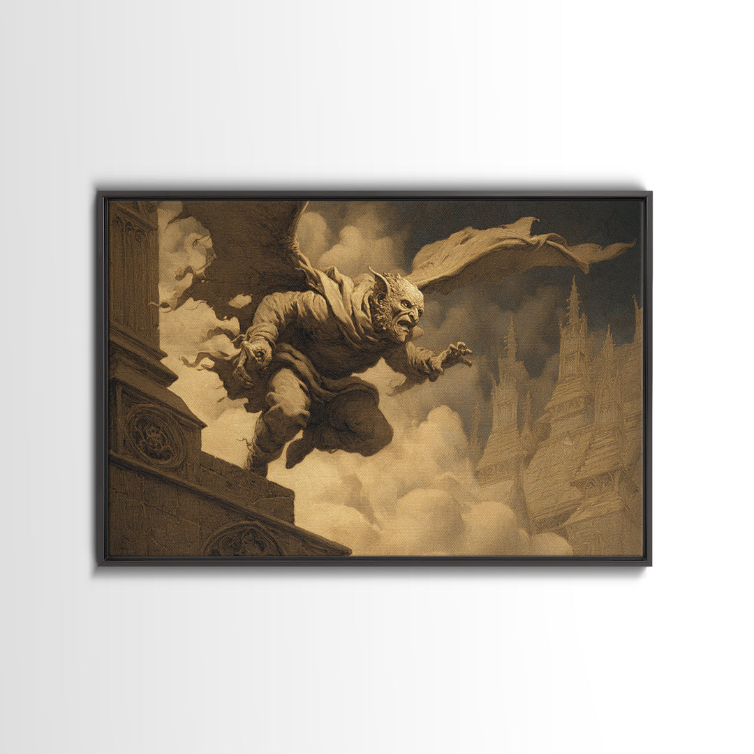 The Gargoyle Sentinel, Romantic Gothic Landscape, Landscape Wall Art, Gothic Horror Wall Art, Canvas Print, Halloween Wall Art