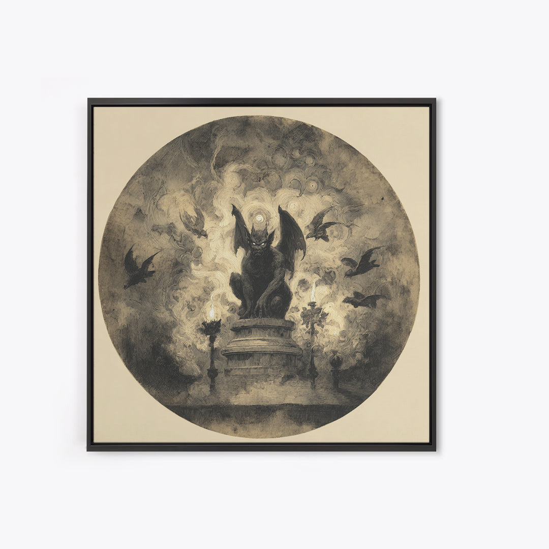 The Gargoyle Sentinel, Symbolist Dream Art, Square Wall Art, Dark Halloween Decor, Framed Canvas Print, Halloween Wall Art