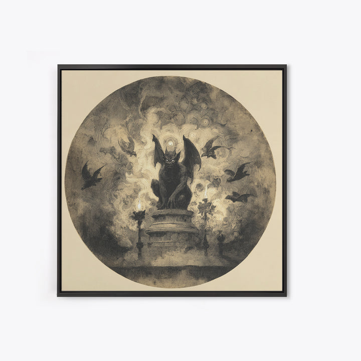 The Gargoyle Sentinel, Symbolist Dream Art, Square Wall Art, Dark Halloween Decor, Framed Canvas Print, Halloween Wall Art