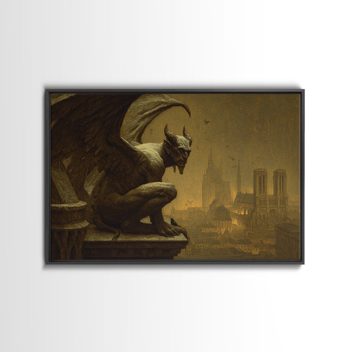 The Gargoyle Sentinel, Symbolist Gothic Landscape, Landscape Wall Art, Dark Halloween Decor, Framed Canvas Print, Halloween Wall Art