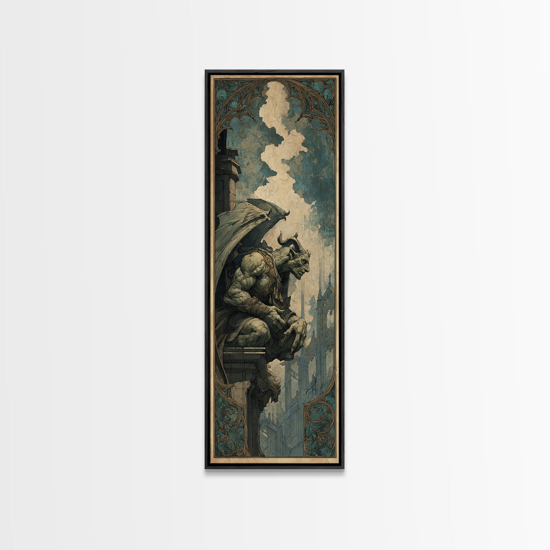 The Gargoyle Sentinel, Ornate Symbolist Art, Tall Narrow Wall Art, Dark Halloween Decor, Framed Canvas Print, Halloween Wall Art
