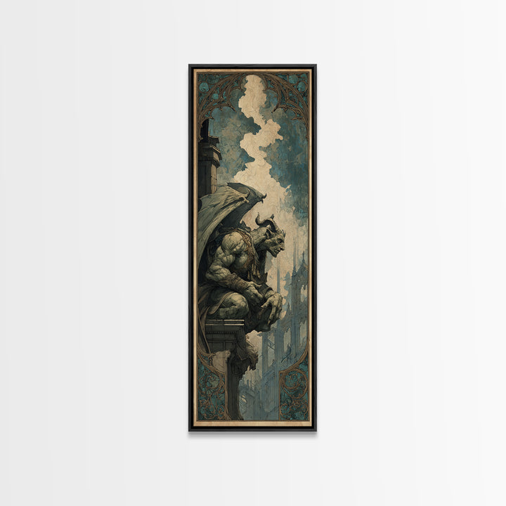 The Gargoyle Sentinel, Ornate Symbolist Art, Tall Narrow Wall Art, Dark Halloween Decor, Framed Canvas Print, Halloween Wall Art