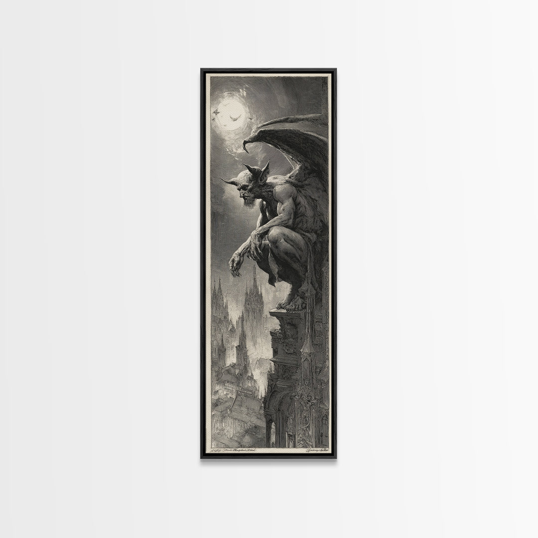 The Gargoyle Sentinel, Decadent Gothic Art, Tall Narrow Wall Art, Macabre Wall Art, Canvas Print, Halloween Wall Art
