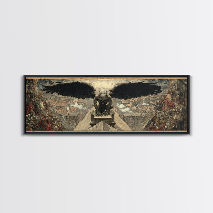 The Gargoyle Sentinel, Grotesque Carnival Art, Extra Wide Wall Art, Gothic Horror Wall Art, Canvas Print, Halloween Wall Art