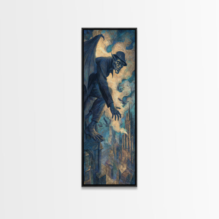 The Gargoyle Sentinel, Expressionist Gothic Art, Tall Narrow Wall Art, Macabre Wall Art, Framed Canvas Print, Halloween Wall Art