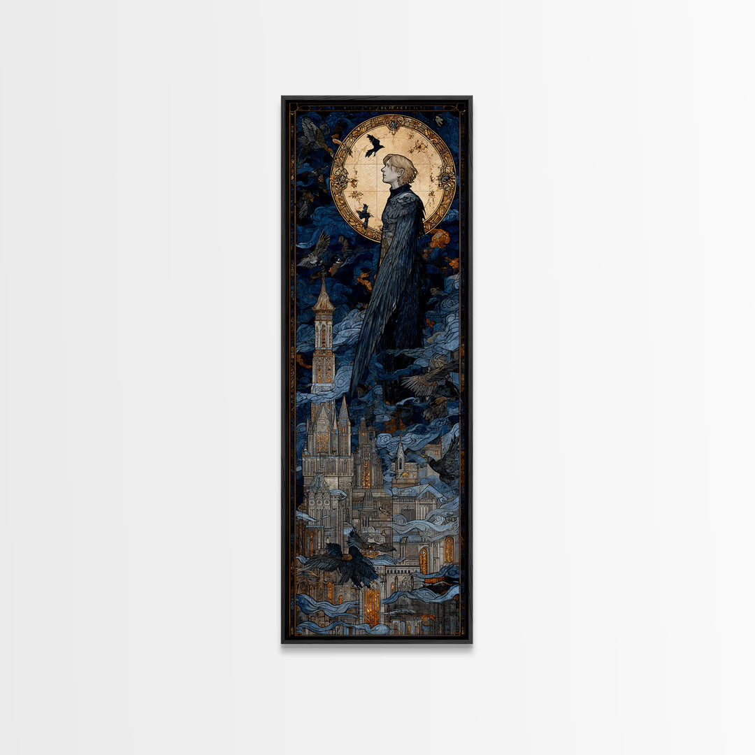 The Gargoyle Sentinel, Stained Glass Gothic Art, Tall Narrow Wall Art, Gothic Horror Wall Art, Canvas Print, Halloween Wall Art