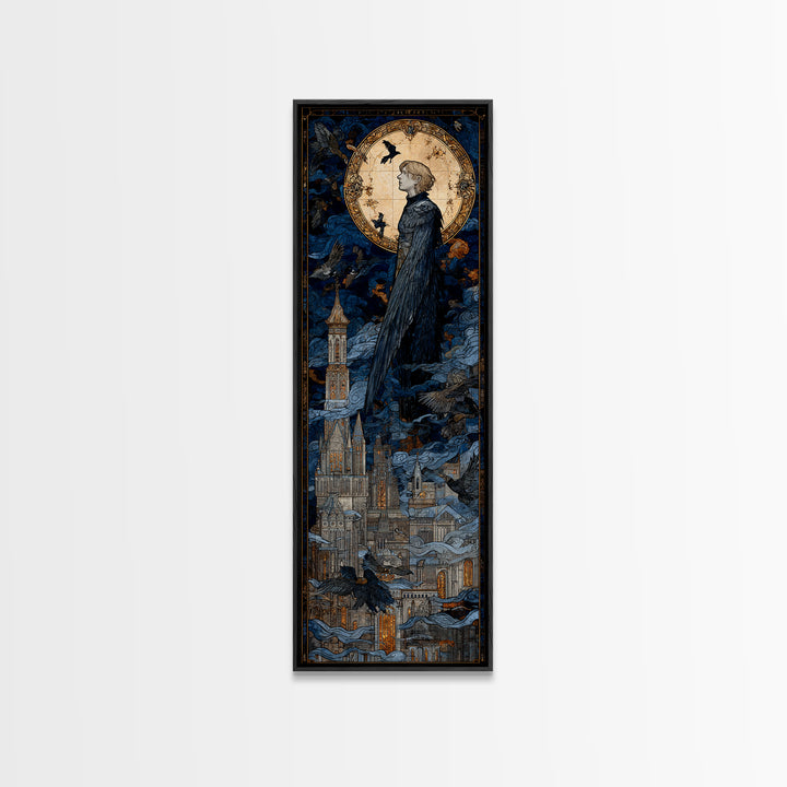 The Gargoyle Sentinel, Stained Glass Gothic Art, Tall Narrow Wall Art, Gothic Horror Wall Art, Canvas Print, Halloween Wall Art