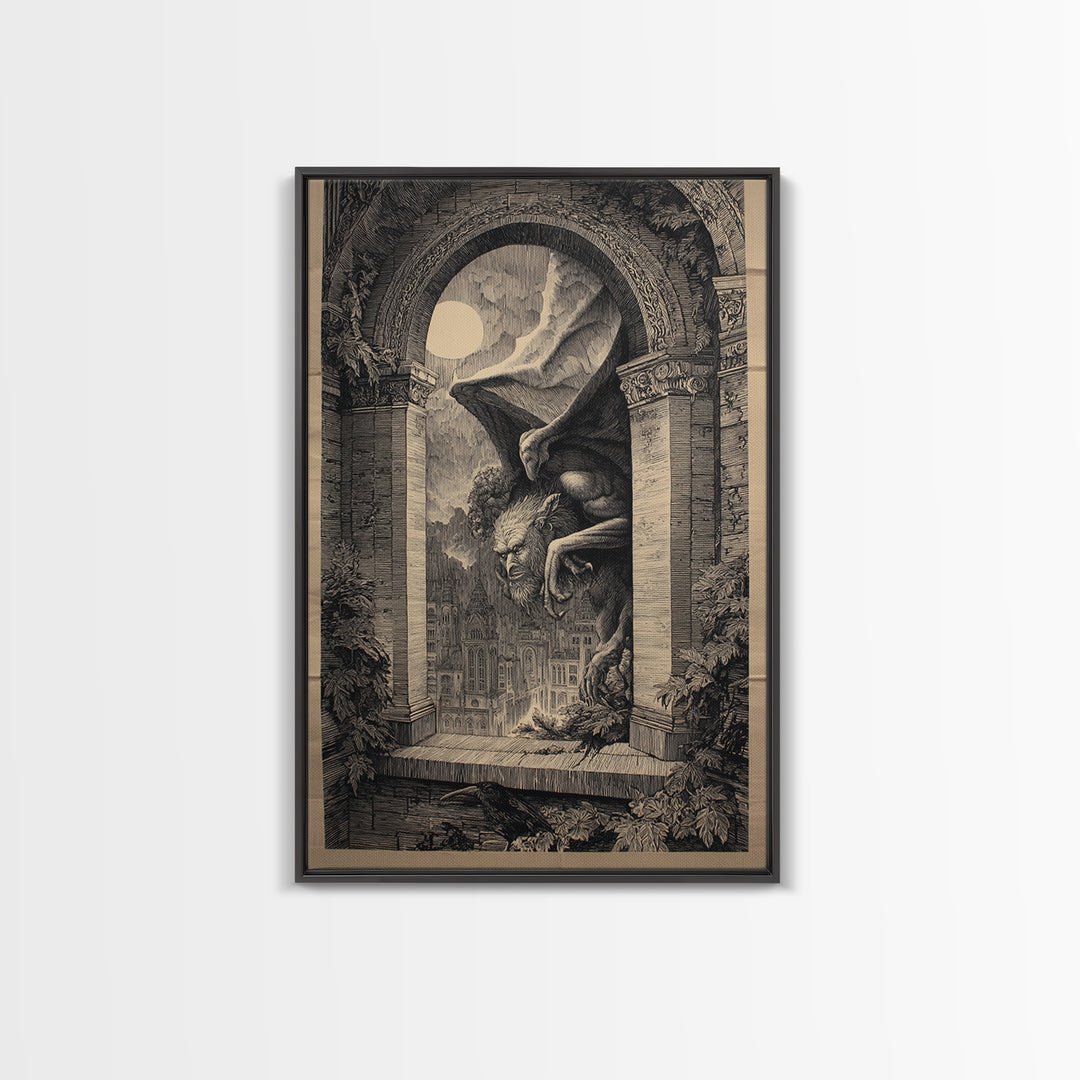 The Gargoyle Sentinel, Victorian Macabre Art, Vertical Wall Art, Dark Fantasy Wall Art, Framed Canvas Print, Halloween Wall Art