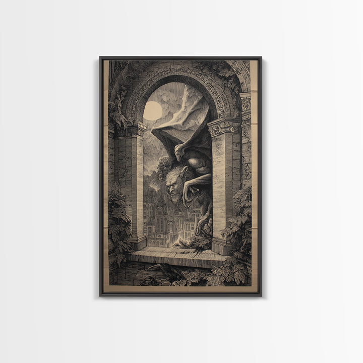The Gargoyle Sentinel, Victorian Macabre Art, Vertical Wall Art, Dark Fantasy Wall Art, Framed Canvas Print, Halloween Wall Art