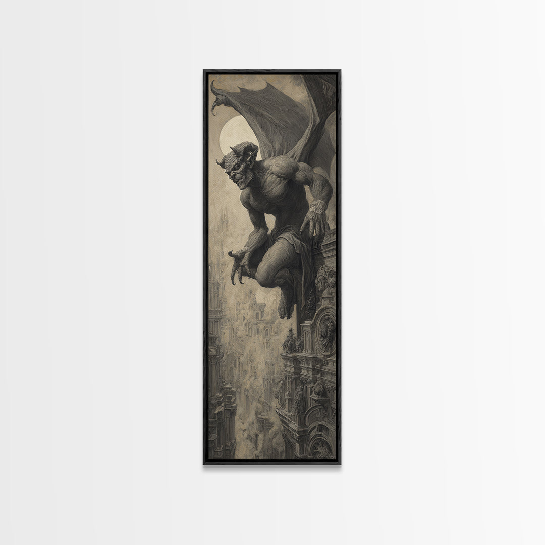 The Gargoyle Sentinel, Surreal Apocalyptic Art, Tall Narrow Wall Art, Gothic Horror Wall Art, Framed Canvas Print